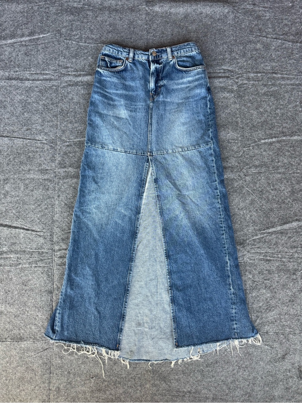Reformation Jeans Front Slit Frayed Tazz Maxi Denim Skirt